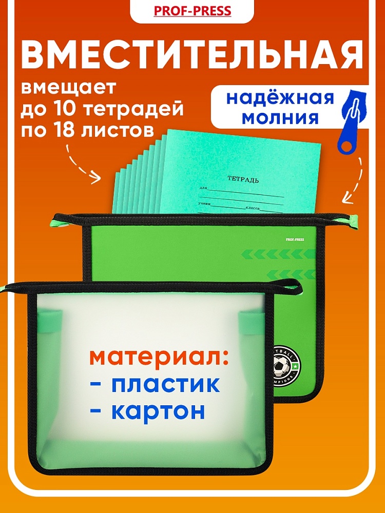 Миниатюра товара Папка для тетрадей А5 на молнии. Футбол на зеленом. 2
